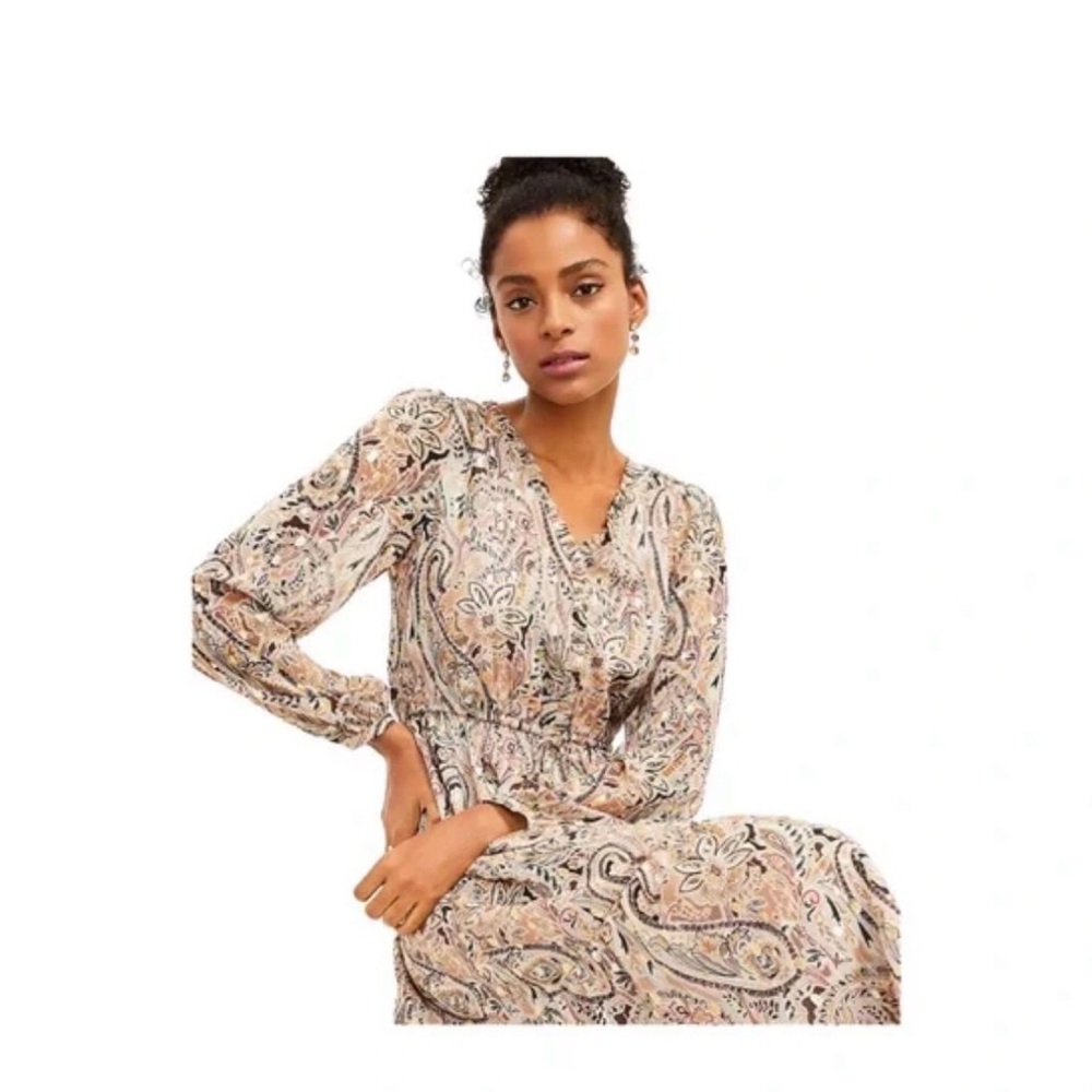 LOFT Shimmer Paisley Print Dress with Long Sleeves